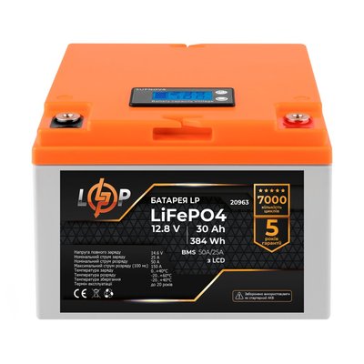 Акумулятор LP LiFePO4 LCD 12V (12,8V) - 30 Ah (384Wh) (BMS 50A/25А) пластик 4120 фото